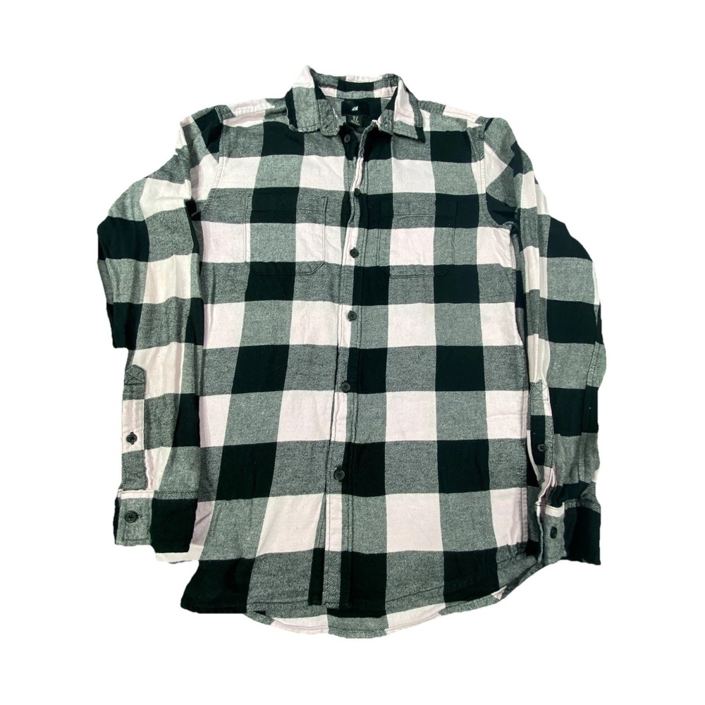 H&M Black White Flannel Shirt Plaid Womens XS‎ Button Up Long Sleeve 100% Cotton
